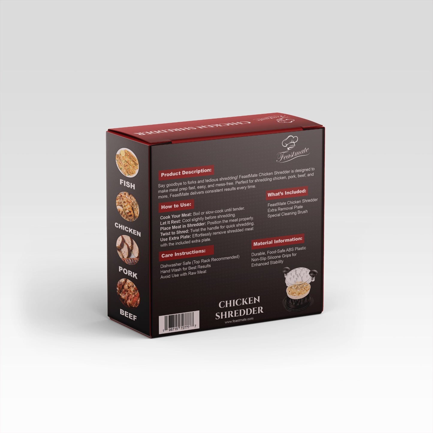 FeastMate™ Pro Black Chicken Shredder (10”) – Effortless Meat Shredding Tool with Visible Lid, Extra Plate & Dispenser Brush