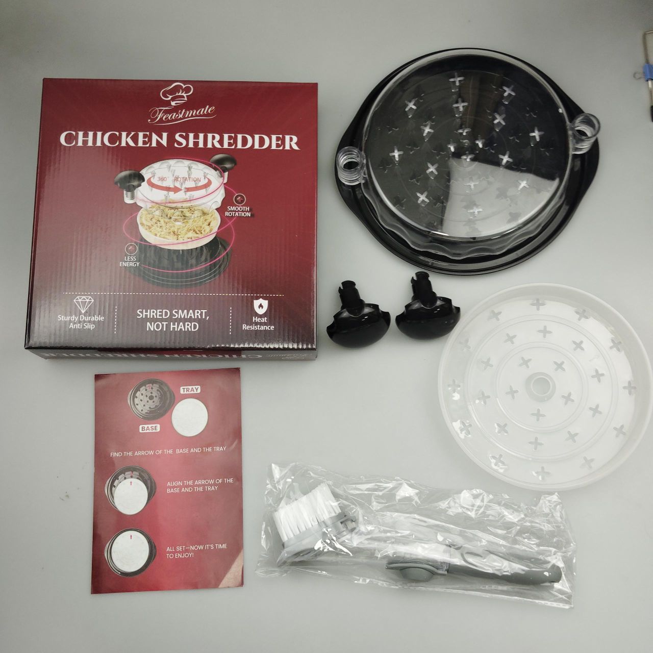 FeastMate™ Pro Black Chicken Shredder (10”) – Effortless Meat Shredding Tool with Visible Lid, Extra Plate & Dispenser Brush