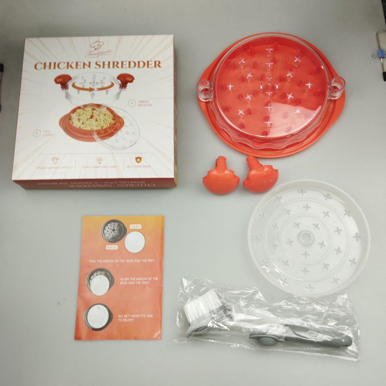 FeastMate™ Pro Orange Chicken Shredder (10”) – Effortless Meat Shredding Tool with Visible Lid & Extra Plate