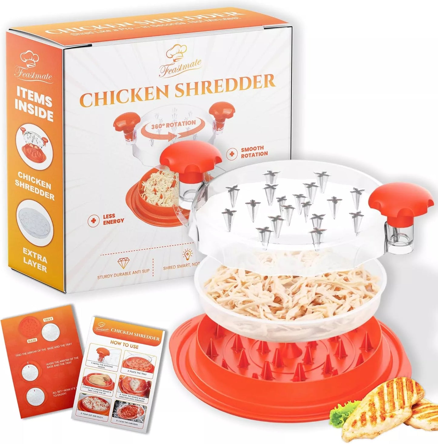 FeastMate™ Pro Orange Chicken Shredder (10”) – Effortless Meat Shredding Tool with Visible Lid & Extra Plate