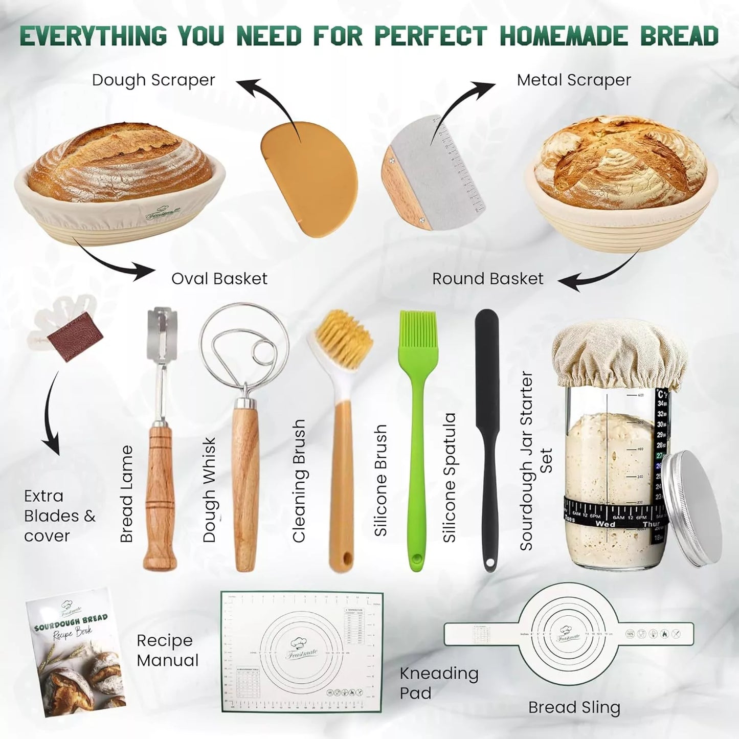 FeastMate™ Sourdough Starter Kit – Complete Bread Proofing & Baking Set with Banneton Baskets & Essential Tools