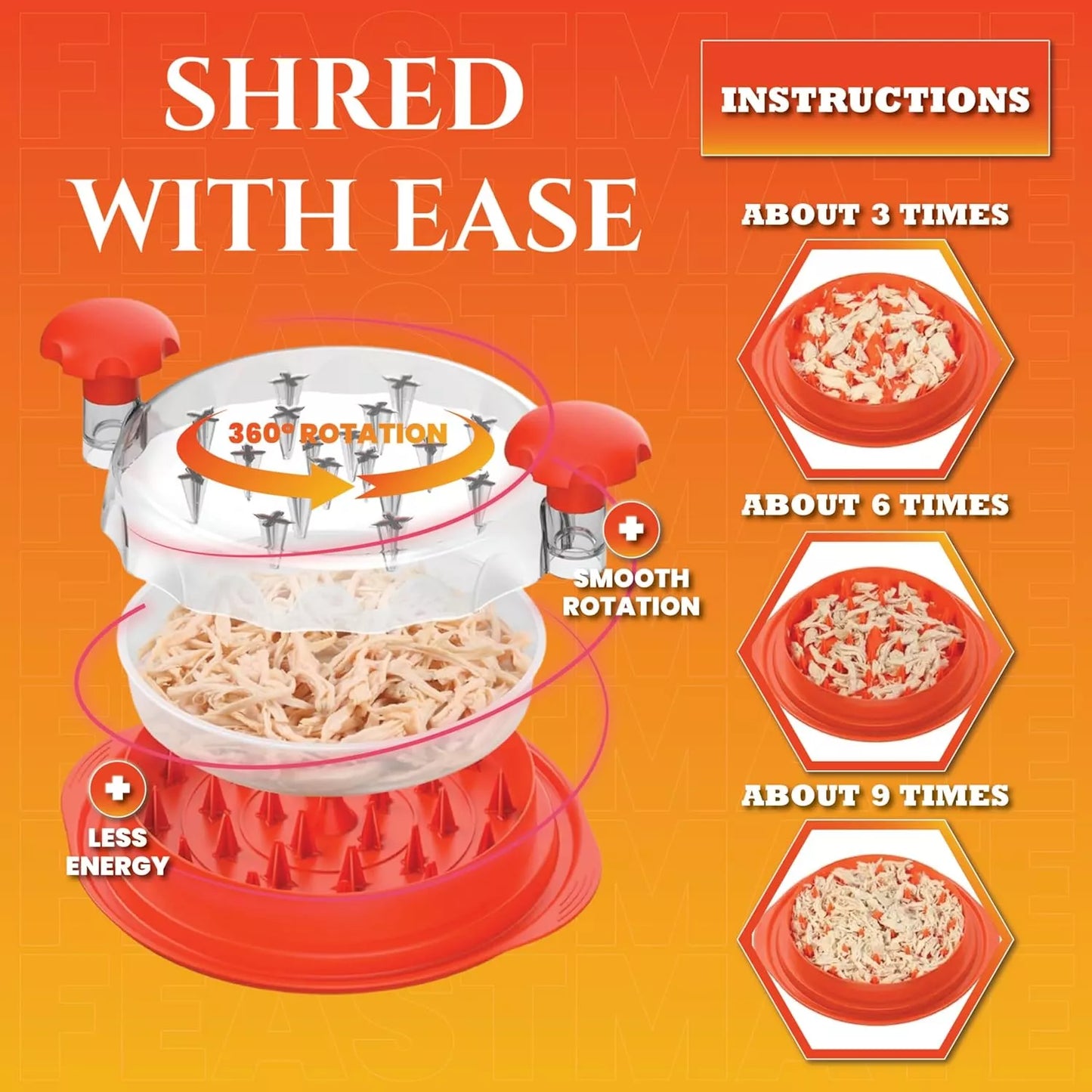 FeastMate™ Pro Orange Chicken Shredder (10”) – Effortless Meat Shredding Tool with Visible Lid & Extra Plate