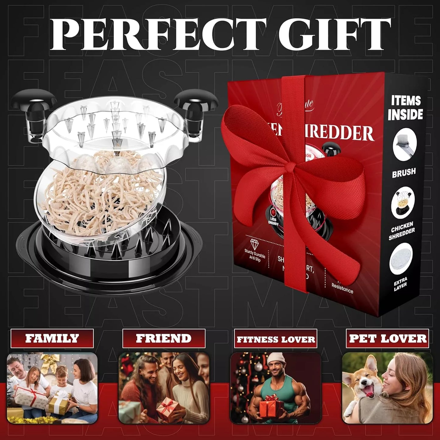 FeastMate™ Pro Black Chicken Shredder (10”) – Effortless Meat Shredding Tool with Visible Lid, Extra Plate & Dispenser Brush