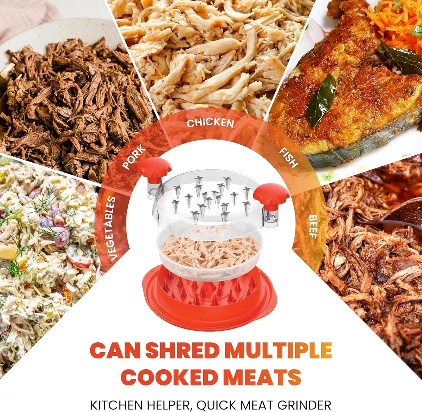 FeastMate™ Pro Orange Chicken Shredder (10”) – Effortless Meat Shredding Tool with Visible Lid & Extra Plate