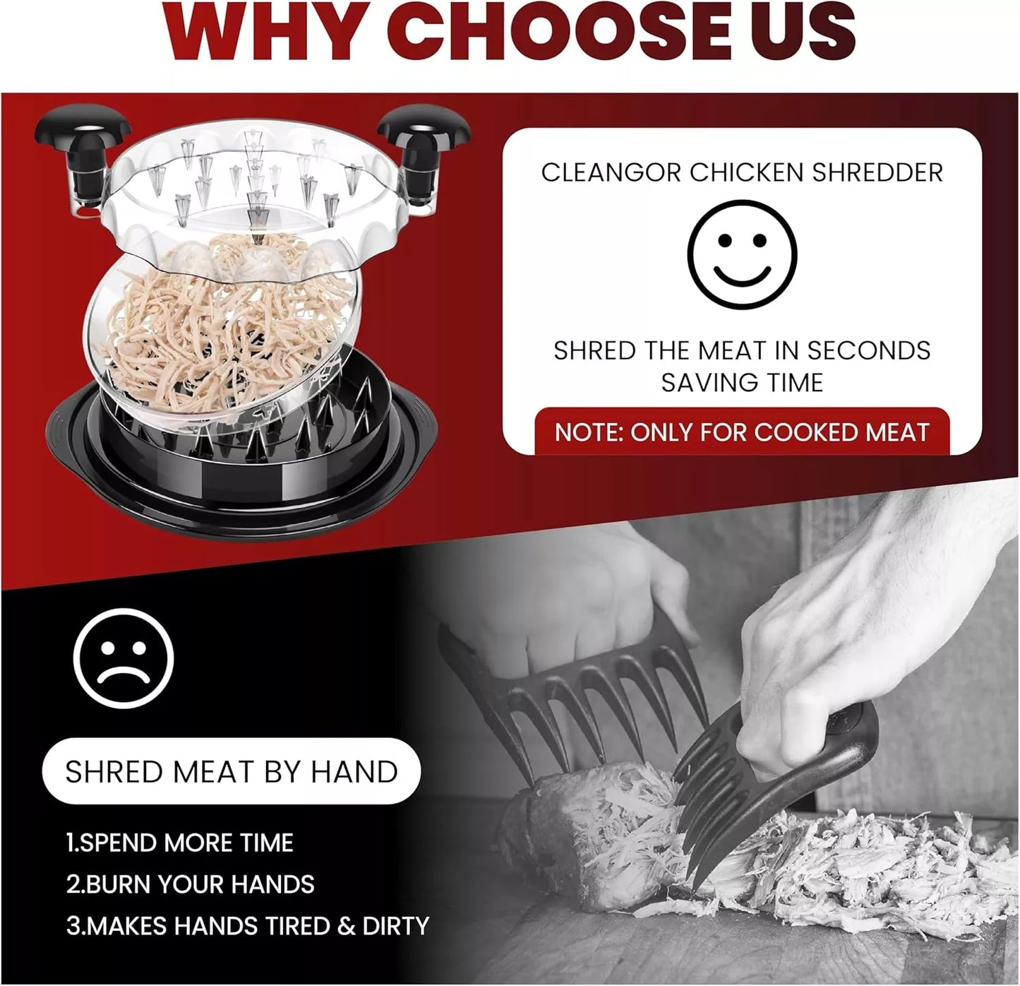 FeastMate™ Pro Black Chicken Shredder (10”) – Effortless Meat Shredding Tool with Visible Lid, Extra Plate & Dispenser Brush