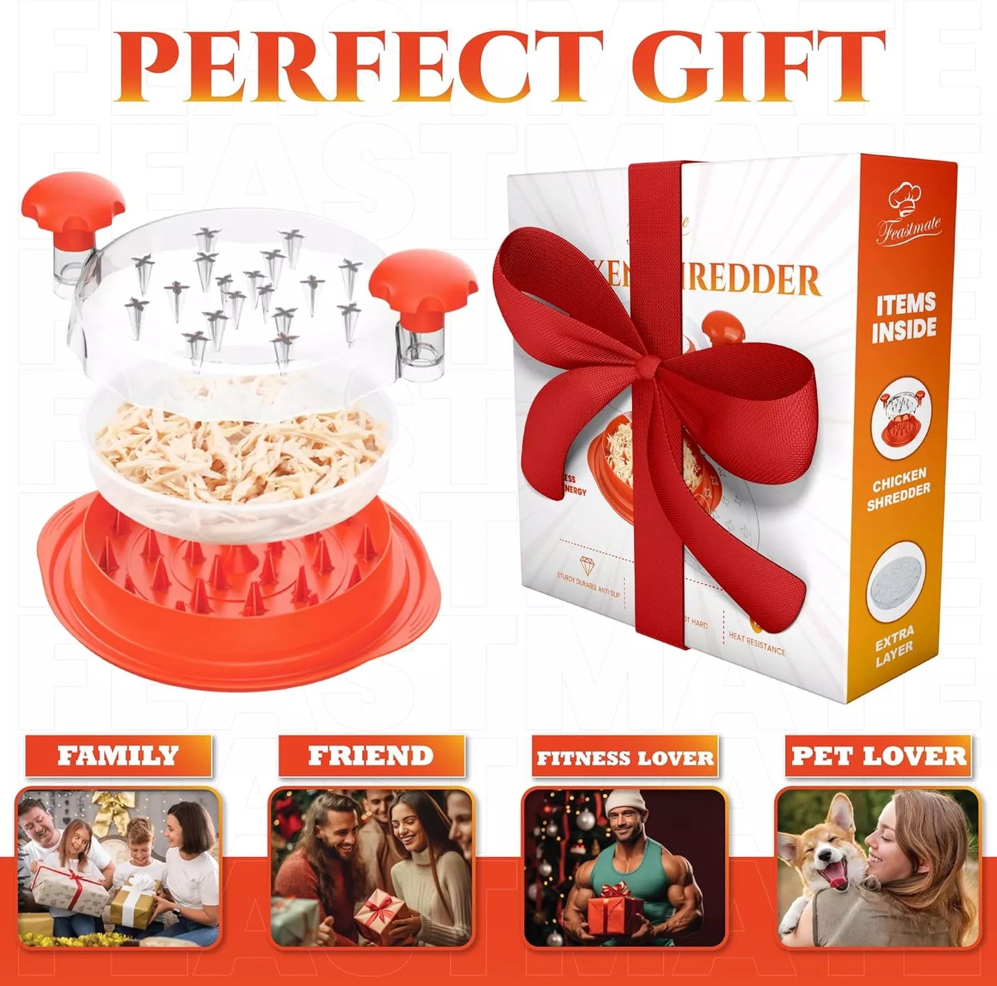 FeastMate™ Pro Orange Chicken Shredder (10”) – Effortless Meat Shredding Tool with Visible Lid & Extra Plate